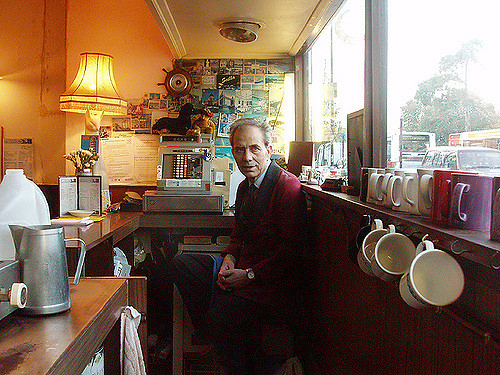 Legendary proprietor Costas photographed in the Excelsior in 2005, by Kamyar Adl on Flickr. The original analogue till was just as famous.